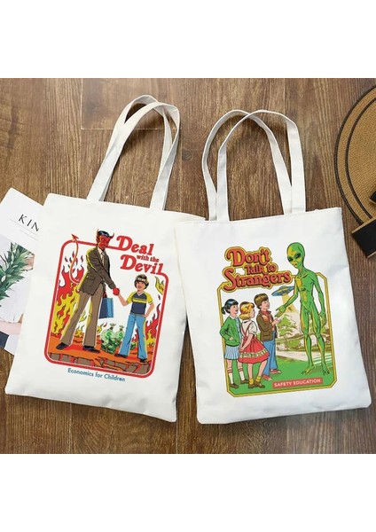 Beyaz Stil Death Evil Devil Alien Baskı Yeni Rahat Harajuku Kadın Omuz Kanvas Çanta Ins Büyük Kapasiteli Tote Vogue Yeniden Kullanılabilir Kadın Çantaları (Yurt Dışından)