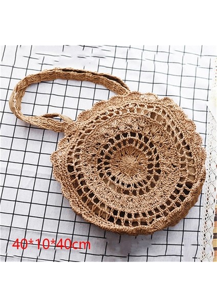 Lotus Renk Stili Yuvarlak Hasır Plaj Çantası Eski El Yapımı Dokuma Omuz Çantası Rafya Daire Rattan Çantalar Bohem Yaz Tatili Günlük Çantalar (Yurt Dışından)
