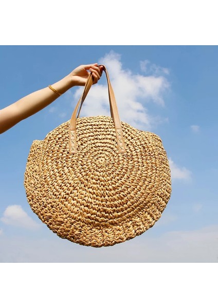 Lotus Renk Stili Yuvarlak Hasır Plaj Çantası Eski El Yapımı Dokuma Omuz Çantası Rafya Daire Rattan Çantalar Bohem Yaz Tatili Günlük Çantalar (Yurt Dışından)