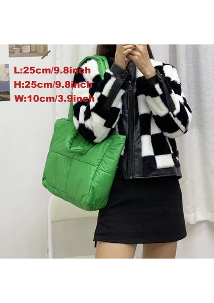 Ordu Yeşili Tarzı 30X15X30CM Moda Dokuma Kadın Yastıklı Naylon Alışveriş Çantası Yumuşak Rahat Beyaz Kadın Çanta Bayan Pamuk Omuz Çantası Kış Kapitone Nevresim Çantası (Yurt Dışından)