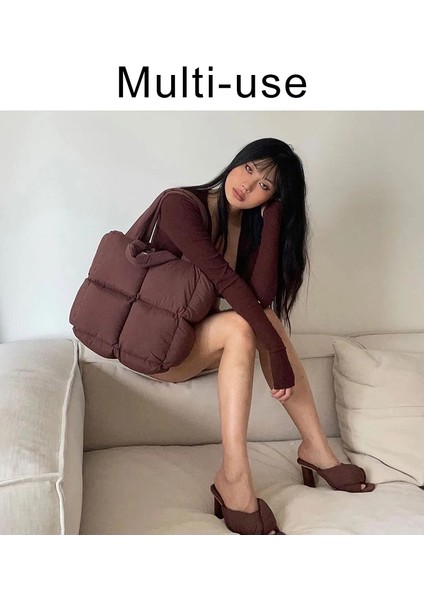 Ordu Yeşili Tarzı 30X15X30CM Moda Dokuma Kadın Yastıklı Naylon Alışveriş Çantası Yumuşak Rahat Beyaz Kadın Çanta Bayan Pamuk Omuz Çantası Kış Kapitone Nevresim Çantası (Yurt Dışından)