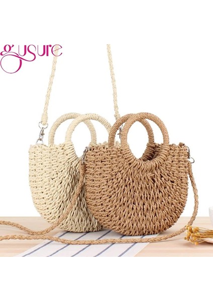 Bej-2 Tarzı Gusure El Yapımı Yarım Yuvarlak Rattan Dokuma Hasır Crossbody Çanta Yaz Plaj Kadın Messenger Omuz Çantaları Kızlar Küçük Çanta (Yurt Dışından) fiyatları