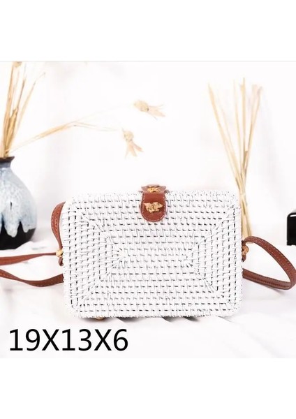 Xiaosifangbeyaz Stil Dokuma Kamış Örgü Çanta Yuvarlak Hasır Omuz Çantası Küçük Plaj Çantaları Kadın Yaz Hollow El Yapımı Messenger Crossbody Çanta (Yurt Dışından)