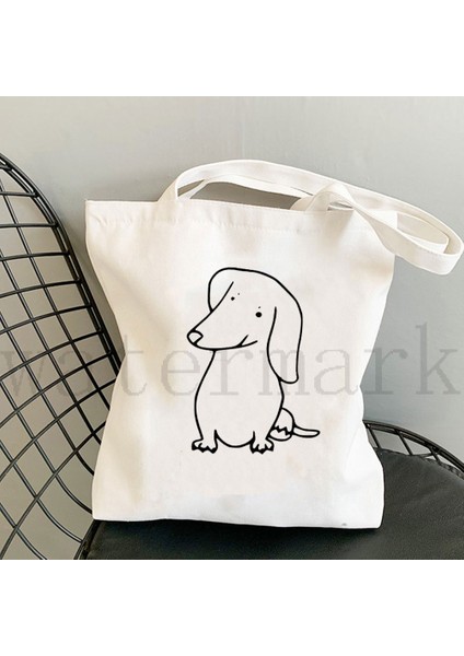 Haki Tarzı Çift Taraflı Sevimli Hayvan Hayvan Kadın Rahat Alışveriş Çantası Mini Dachshund Köpek Desen Baskı Tuval Bayan Tote Çanta Yeniden Kullanılabilir (Yurt Dışından)