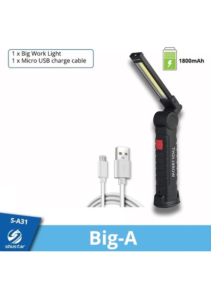 Şarj Edilebilir Stil Büyük-A Şarj Edilebilir LED Çalışma Işığı Mıknatıslı ve Kancalı El Feneri Ipx-4 Su Geçirmez Gece Çalışması Vb. Için Uygun 5 Aydınlatma Modu. (Yurt Dışından)