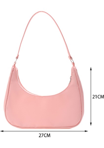 Pembe Tarzı Moda Düz Renk Bayanlar Koltuk Altı Çanta Retro Naylon Kadın Hobo Çanta Vintage Basit Tasarım Kadın Fermuar Omuz Çanta (Yurt Dışından)