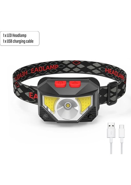 Paket Şarj Edilebilir LED Far Sensörü Far, Cob ve LED Boncuklu 8 Aydınlatma Modu Beyaz ve Kırmızı Işık Balıkçı Işığı (Yurt Dışından)