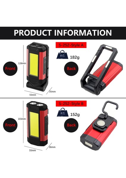 B-Kırmızı USB Şarj Edilebilir Cob Çalışma Işığı Süper Parlak LED El Feneri Taşınabilir Kamp Lambası Kuyruk Mıknatıslı Su Geçirmez Ayarlanabilir Fener (Yurt Dışından)