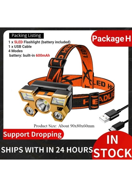 TY08 7 LED El Feneri Ön Fener Süper Parlak Far 4 Mod Güçlü El Feneri Açık Şarj Edilebilir Gece Balıkçılık Far (Yurt Dışından)