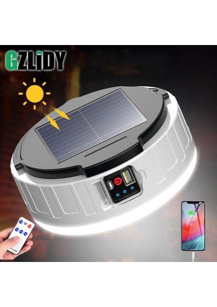 A Tipi Güneş USB Şarj Edilebilir LED Kamp Işık Taşınabilir Çadır Lambası Güç Bankası Güçlü Fener Uzaktan Kumanda Su Geçirmez Çalışma Işıkları (Yurt Dışından)
