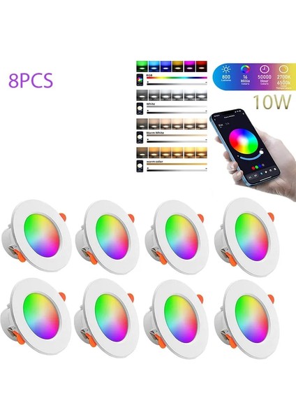 8 Adet LED Downlight Bluetooth Uyumlu Tavan Işığı Rgb Kısılabilir Gömme LED Spot Lamba Rgb+Cw+Ww Akıllı Lamba Çalışması (Yurt Dışından)