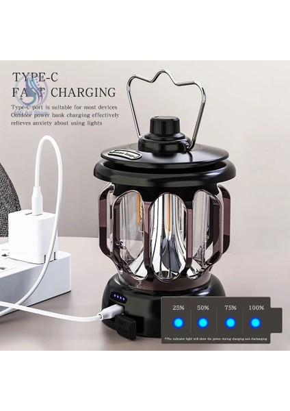 Siyah Açık LED Kamp Işık Retro Asılı Kamp Lambası Fener Şarj Edilebilir Retro Çadır Lambası Balıkçılık Seyahat Aydınlatma Ekipmanları (Yurt Dışından)