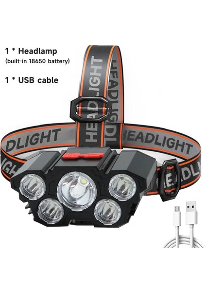 Mavi 5 LED Far Şarj Edilebilir Dahili Pil ile Güçlü Işık Kamp Macera Balıkçılık Kafa Işık El Feneri (Yurt Dışından)