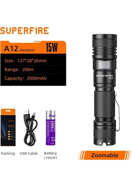 A12-2000MAH 2022 Yeni Superfire A12 Yakınlaştırma El Feneri Su Geçirmez 15W Uzun Menzilli Şarj Edilebilir Kamp Balıkçılık Açık Projektör (Yurt Dışından)