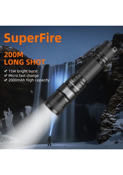 A12-2000MAH 2022 Yeni Superfire A12 Yakınlaştırma El Feneri Su Geçirmez 15W Uzun Menzilli Şarj Edilebilir Kamp Balıkçılık Açık Projektör (Yurt Dışından) modelleri