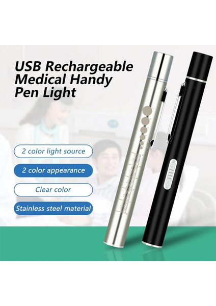 Gümüş USB Şarj Edilebilir Tıbbi Kullanışlı Kalem Işık Mini Hemşirelik El Feneri LED Torch Lambası Paslanmaz Çelik Klip Cep LED El Feneri (Yurt Dışından) modelleri