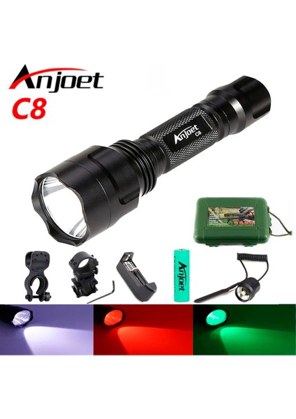 Bir Stil D Anjoet C8 Taktik El Feneri Yeşil Kırmızı Beyaz LED Işık Xm-L T Lümen 1 Modu Alüminyum Torch Lambası Avcılık Balıkçılık (Yurt Dışından)