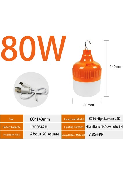 80W Taşınabilir Acil Durum Işıkları Kanca ile Açık USB Şarj Edilebilir Mobil LED Lamba Ampuller Balıkçılık Kamp Veranda Sundurma Bahçe Aydınlatma (Yurt Dışından)