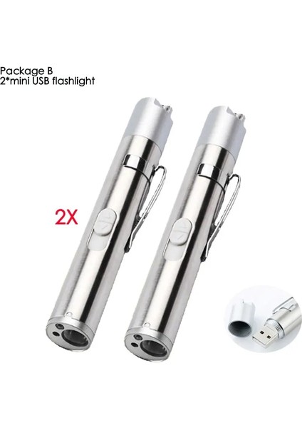 2 Adet 3in1 USB Şarj Edilebilir LED El Feneri Yüksek Li Güçlü Mini LED Torch Su Geçirmez Tasarım Penlight Metal Klipsli Asılı (Yurt Dışından)