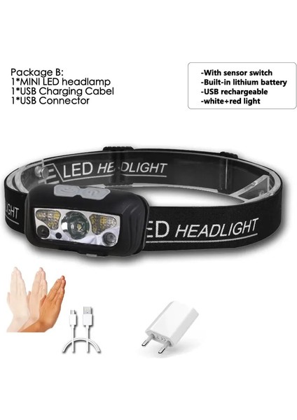 B Body Motion Senslm Mini LED Far USB Şarj Edilebilir Far Beyaz + Kırmızı Modu Kamp El Feneri Başkanı Işık Lambası (Yurt Dışından)