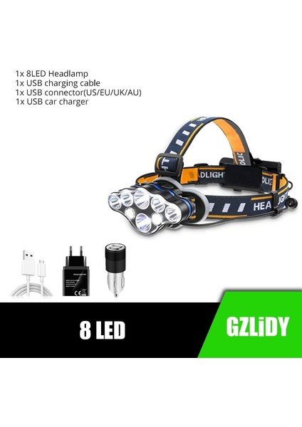 8led-B Güçlü 8 LED Far USB Şarj Edilebilir Su Geçirmez T6 Far Kuyruk Uyarı Işığı ile Süper Parlak Açık Fener (Yurt Dışından)