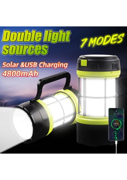Siyah LED Kamp Feneri Güneş Enerjili El Feneri 7 Modları USB Şarjlı Işıklı Fener Açık Acil Durum Güç Bankası Işığı Kamp Için (Yurt Dışından)