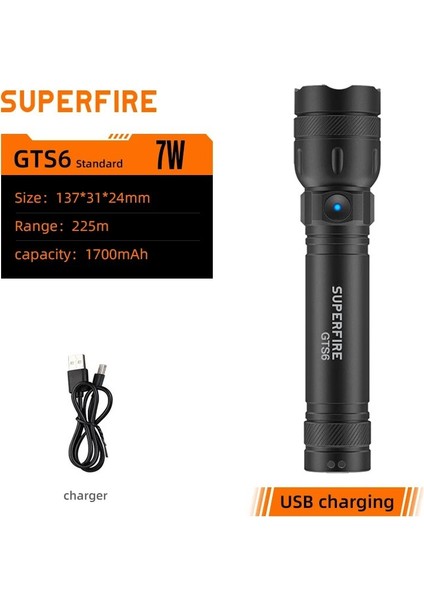 Gts6 Superfıre Gts6 7W Mini Edc LED El Feneri 5 Mod Usb-C Şarj Edilebilir Dahili Pil Ultra Parlak Torch Kamp Feneri (Yurt Dışından)