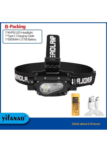B-Ambalaj Ah XHP50 LED Far Hareket Sensörü Far El Feneri USB Şarj Edilebilir Kafa Lambası Tor Aydınlatma Modu Çalışma Işığı (Yurt Dışından)