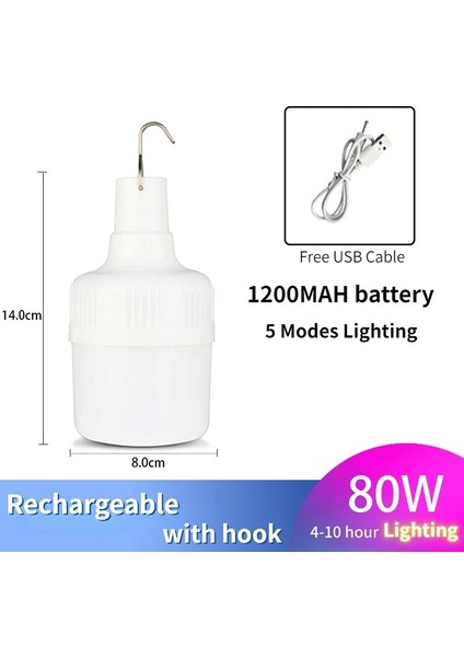 80W Şarj Edilebilir Kamp LED Işıkları Taşınabilir Acil Durum Ampul Işıkları USB Dahili Pil Parlak El Feneri Açık Fener Kanca ile (Yurt Dışından)