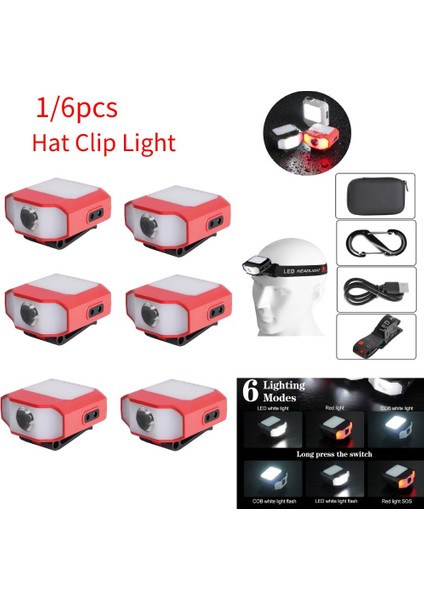 2 Adet Tarzı Kırmızı Sensör Kapağı Klipsli Işık Far 6 Mod Cob LED Far Tip-C Şarj Kafa Lambası Kamp Yürüyüş Gece Koşu Balıkçılık (Yurt Dışından)