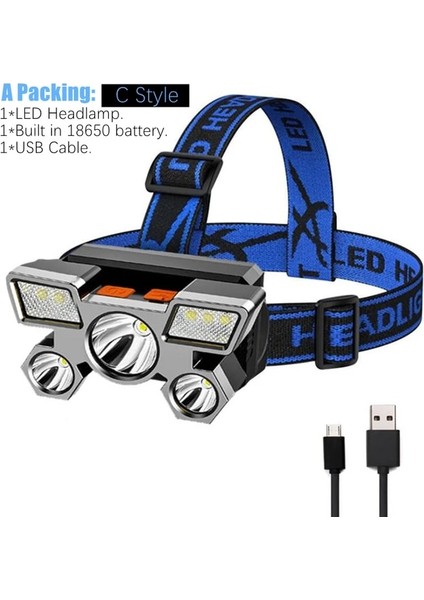 Mavi 5 LED Far Şarj Edilebilir Güçlü Kafa Lambası Dahili Pil ile Açık Kamp Far Başkanı El Feneri Başkanı Işık (Yurt Dışından)