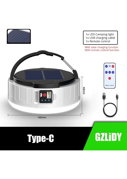 Tip-C Güneş USB Şarj Edilebilir LED Kamp Işık Taşınabilir Çadır Lambası Güç Bankası Güçlü Fener Uzaktan Kumanda Su Geçirmez Çalışma Işıkları (Yurt Dışından)