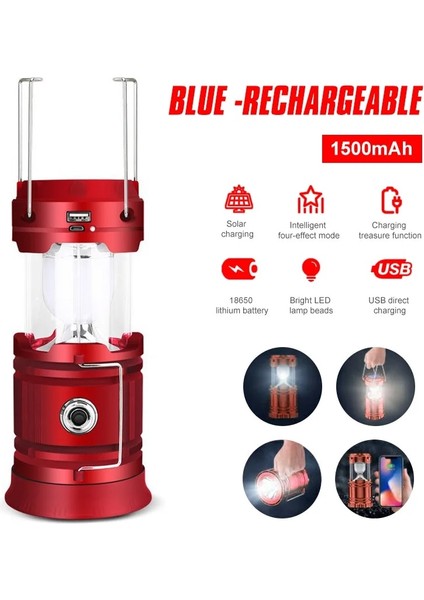Kırmızı Güneş LED Kamp Lambası USB Şarj Edilebilir Dış Mekan El Feneri Aydınlatma Çadır Acil Gece Fener Su Geçirmez Işık Projektör (Yurt Dışından)