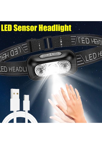 Siyah-A Taşınabilir Mini LED Far USB Şarj Edilebilir Vücut Hareket Sensörü Far Açık Kamp Balıkçı Işığı Güçlü Torch Kafa Lambası (Yurt Dışından)