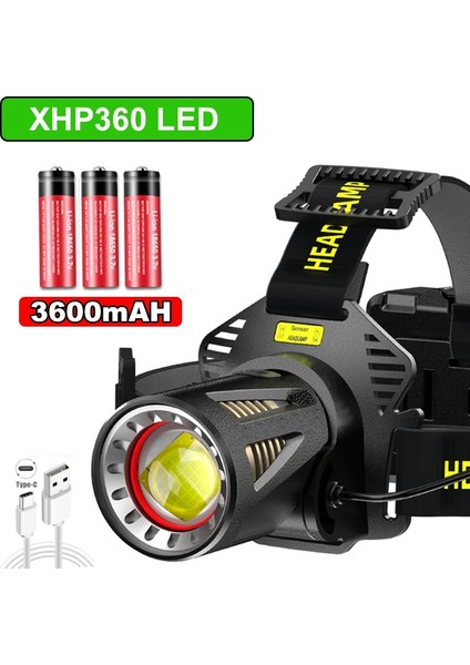 A-2 XHP360 LED Far Şarj Edilebilir Torch Usb-C Güçlü Taktik Flaş Işığı Zumlanabilir Av Fener Su Geçirmez El Işığı (Yurt Dışından)