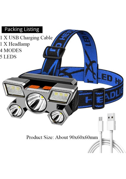 No.4 Boyutu Taşınabilir El Feneri Şarj Edilebilir Far Dahili Ah Pil Işığı 4 Çalışma Modu Far Dış Mekan Acil Durum Feneri (Yurt Dışından)