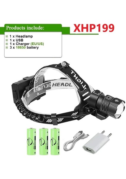 B-18650-XHP199 Lümen Xhowerful LED Far XHP160 USB Şarj Edilebilir Far Başkanı El Feneri Balıkçılık Kamp Kafa Lambası (Yurt Dışından)