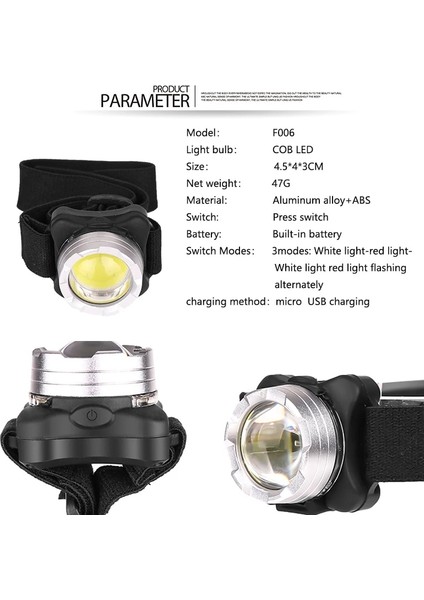 B 5000 Lümen Dahili Pil LED Far USB Şarj Edilebilir Cob Çalışma Lambası 3 Işık Modu Balıkçılık, Kamp Için Su Geçirmez Far (Yurt Dışından)