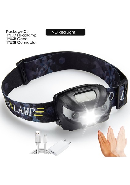 C Güçlü LED Far Dahili Pil USB Şarj Edilebilir LED Far Gövde Hareket Sensörü Kafa El Feneri, Kırmızı + Beyaz Işık Lambası (Yurt Dışından)