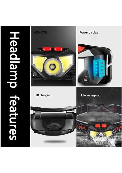 C Güçlü LED Far Dahili Pil USB Şarj Edilebilir LED Far Gövde Hareket Sensörü Kafa El Feneri, Kırmızı + Beyaz Işık Lambası (Yurt Dışından) fırsatları