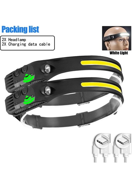 2 Adet LED Sensör Far USB Şarjlı Kafa El Feneri Dahili Pil 5 Aydınlatma Modu Baş Feneri Balıkçılık Kamp Feneri (Yurt Dışından)
