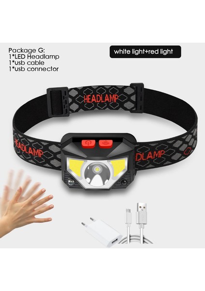G Güçlü LED Far Dahili Pil USB Şarj Edilebilir LED Far Gövde Hareket Sensörü Kafa El Feneri, Kırmızı + Beyaz Işık Lambası (Yurt Dışından)