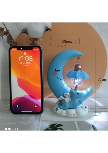 Mavi Reçine Ay Unicorn LED Gece Lambası Karikatür Bebek Kreş Lamba Solunum Çocuk Oyuncağı Noel Hediyesi Çocuk Odası Zanaat Masa Işık (Yurt Dışından)