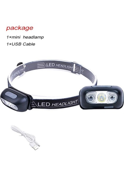 Siyah Taşınabilir Mini LED Far Hareket Sensörü Şarj Edilebilir Kamp El Feneri Başkanı Işık Güçlü Torch Kafa Lambası Dahili Pil (Yurt Dışından)