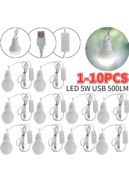 10 Parça Taşınabilir USB LED Ampul Anahtarı Kanca ile 5 W Enerji Tasarruflu Güçlü El Feneri Kamp Fener Okuma Işığı Acil Durum Lambası (Yurt Dışından)