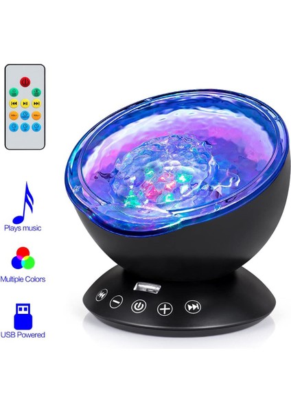 Siyah 7 Renk LED Gece Lambası Gökyüzü Uzaktan Kumanda Okyanus Dalgası Işık Projektörü Mini Müzik Çalar ile Bebek Çocuk Uyku Gece Lambası D25 (Yurt Dışından)