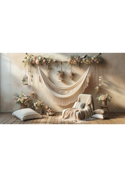 Romantik Çiçekli Hamak Arkaplan 200 x 150 cm Fon Duvar Örtüsü