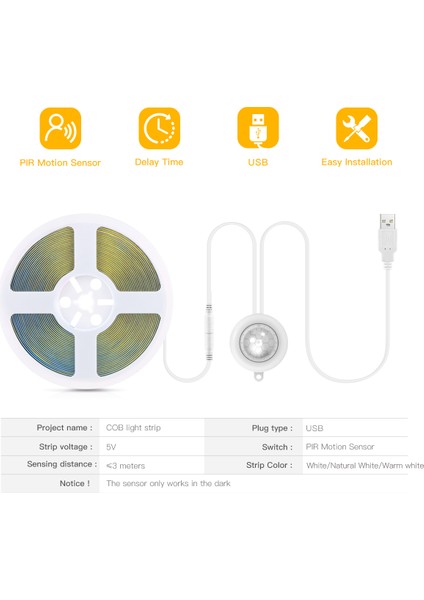 Beyaz Stil Beyaz Kablosuz Pır Hareket Sensörü USB LED Gece Lambası 5 V Cob LED Şerit Yatak Odası Ev Mutfak Dolap Güverte 4000 K 6500 K (Yurt Dışından) modelleri