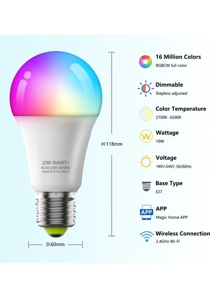 10W Tarzı E27 Aubess 10W LED Ampuller Ac E27 Wifi + Ble Akıllı Rgb Ampul Kısılabilir Sihirli Ev Pro App Kontrolü ile Alexa Google Home Üzerinden (Yurt Dışından)