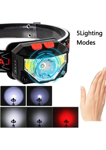 A Güçlü LED Far Dahili Pil USB Şarj Edilebilir LED Far Gövde Hareket Sensörü Kafa El Feneri, Kırmızı + Beyaz Işık Lambası (Yurt Dışından) indirimleri